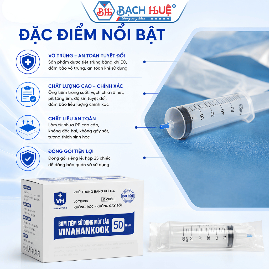 Hộp 25 Cái Bơm Tiêm 50ml (50cc) Vinahankook – Xi Lanh Y Tế Đầu To Cho Ăn/ Đầu Nhỏ Tiêm Chích Cao Cấp