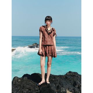 Set áo và chân váy OLV dễ thương Brown Jacquard Ruffled Set phù hợp mùa hè đi chơi đi biển