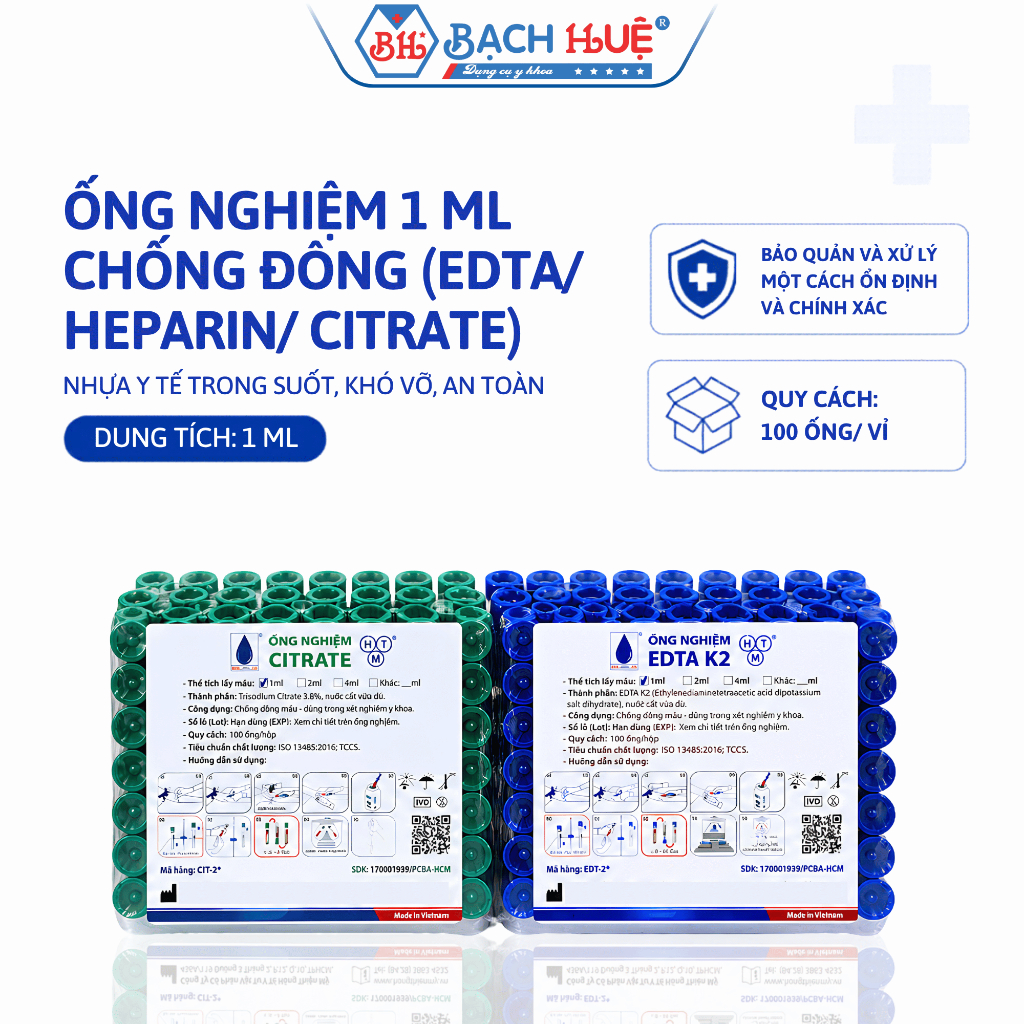 Vỉ 100 Ống Nghiệm Nhựa 1ml HTM Chính Hãng – Ống Sinh Hóa Lưu Mẫu EDTA, Heparin, Citrate Chuẩn Y Tế
