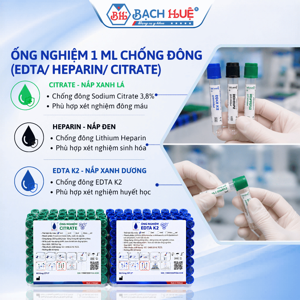 Vỉ 100 Ống Nghiệm Nhựa 1ml HTM Chính Hãng – Ống Sinh Hóa Lưu Mẫu EDTA, Heparin, Citrate Chuẩn Y Tế