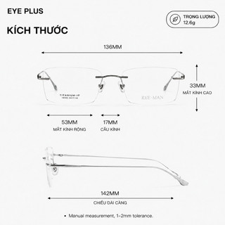 Kính Cận Gọng Khoan Nam Nữ Reeman 110151 Eye Plus Gọng Titanium Bền Bỉ Siêu Nhẹ Sang Trọng Đẳng Cấp