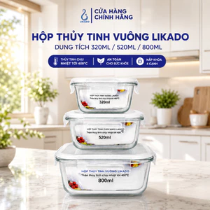 Hộp thủy tinh vuông Likado chịu nhiệt, nắp đậy kín, dùng được trong lò vi sóng
