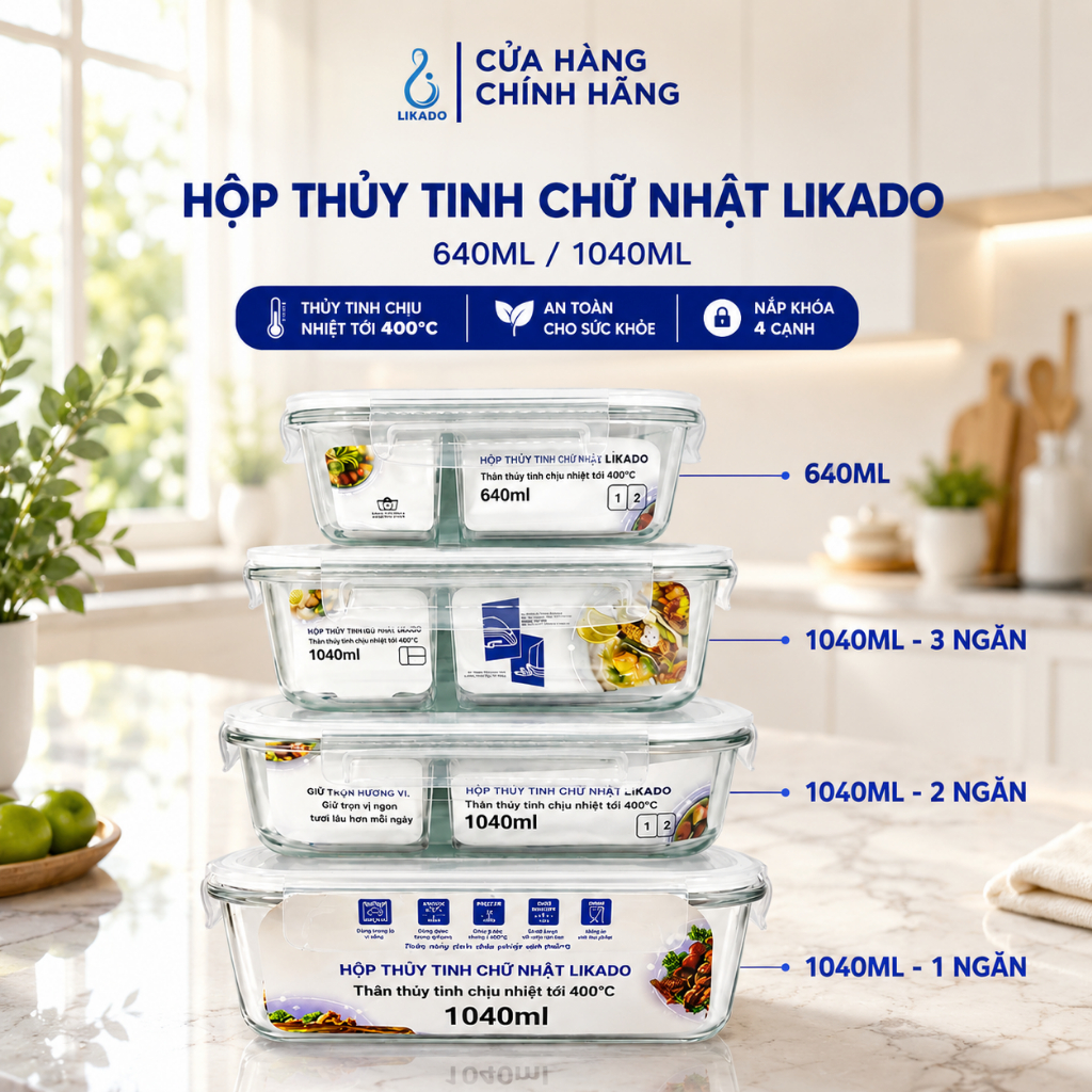 Hộp thủy tinh chữ nhật Likado chịu nhiệt, nắp đậy kín, dùng được trong lò vi sóng