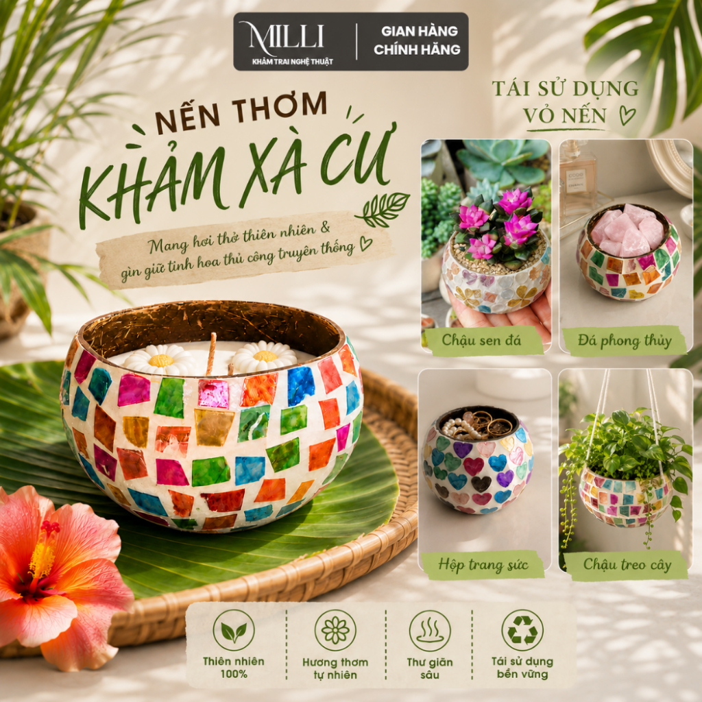 [HỎA TỐC]Nến thơm khảm trai thủ công MILLI,quà tặng 20-11, quà lưu niệm, quà tặng thầy cô, bạn bè