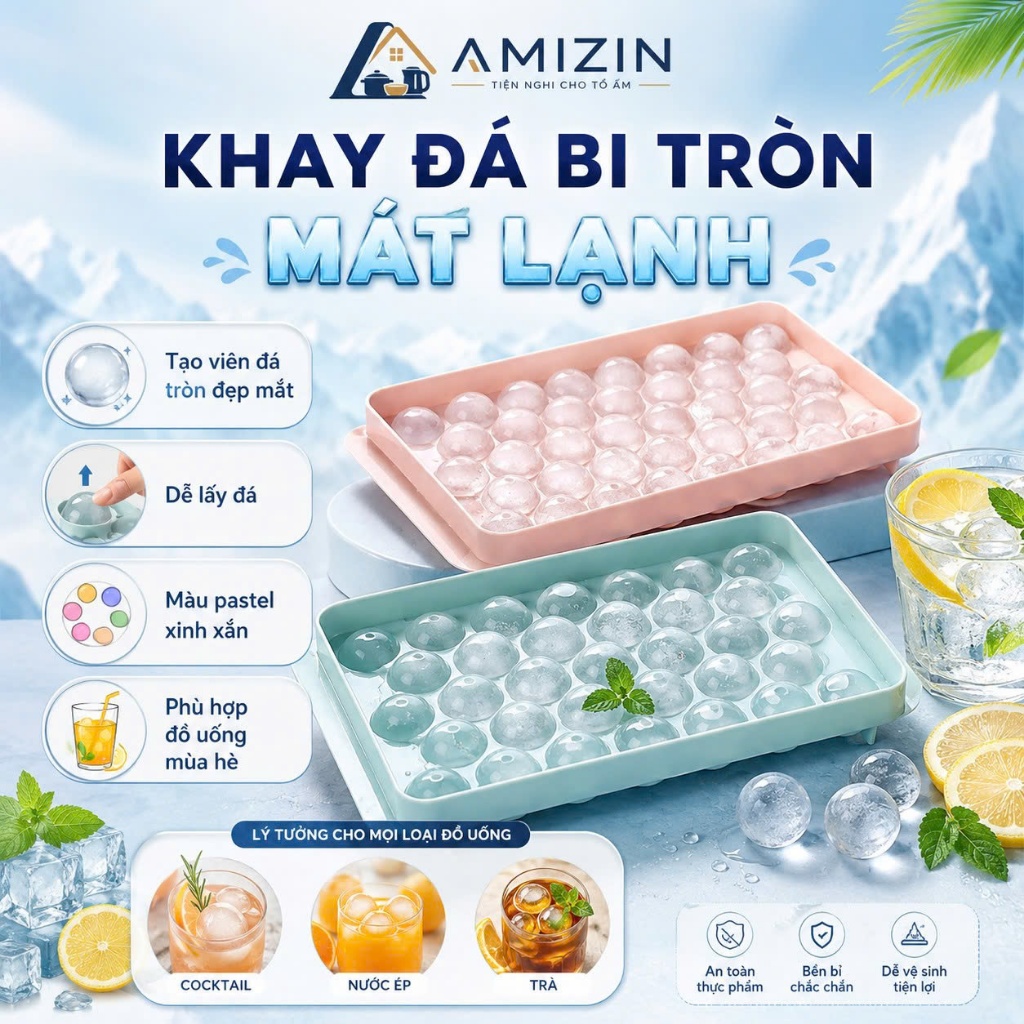 6978 Khay đá bi tròn tủ lạnh 33 viên có nắp đậy AMIZIN