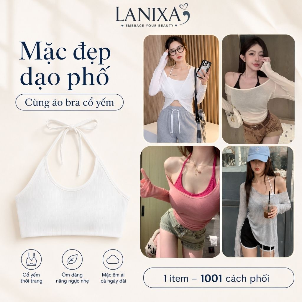 Áo bra không gọng cổ yếm đệm mút mỏng ôm ngực thoáng khí cotton dày dặn thấm hút mồ hôi LANIXA B8703