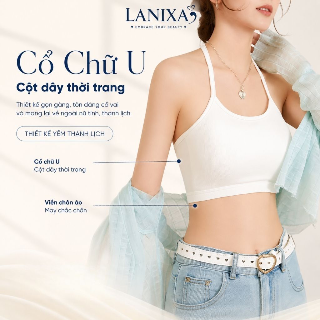 Áo bra không gọng cổ yếm đệm mút mỏng ôm ngực thoáng khí cotton dày dặn thấm hút mồ hôi LANIXA B8703