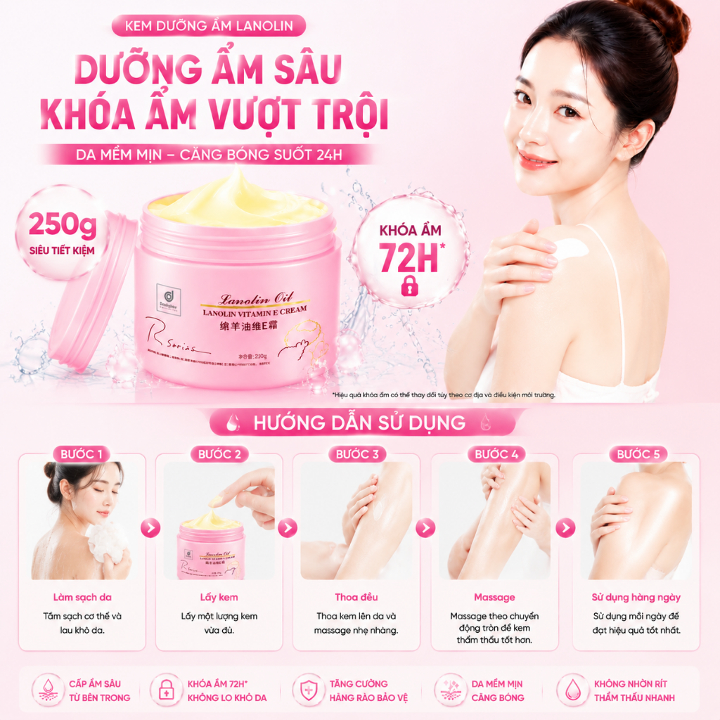 Kem Dưỡng RSARIAS Lanolin Vitamin E – Dưỡng Ẩm Sâu, Da Mềm Mịn Suốt Ngày 250g