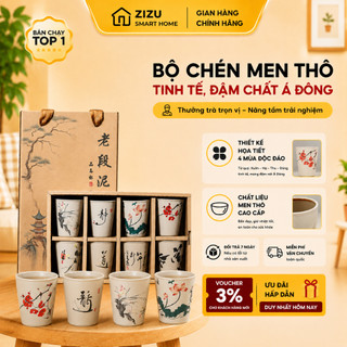 Bộ 8 Chén Trà Men Thô Cao Cấp – Họa Tiết Cổ Điển 4 Mùa Xuân Hạ Thu Đông, Quà Tặng Sang Trọng