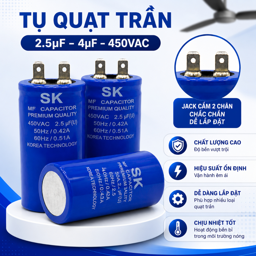 Tụ điện tròn 2.5uF 3.5uF 4uF 350V tụ dầu dùng thay thế cho quạt trần chính hãng iLinhkien