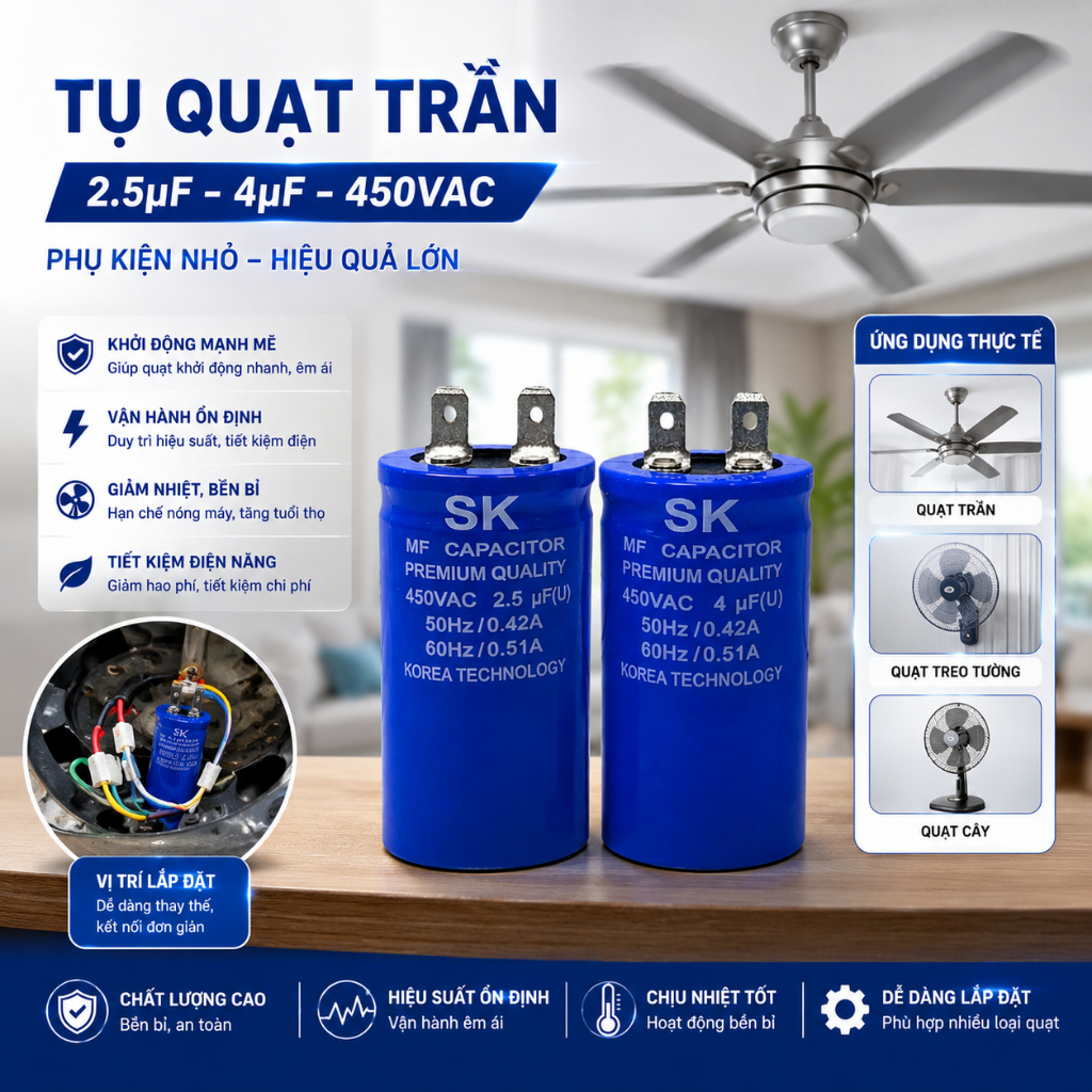 Tụ điện tròn 2.5uF 3.5uF 4uF 350V tụ dầu dùng thay thế cho quạt trần chính hãng iLinhkien
