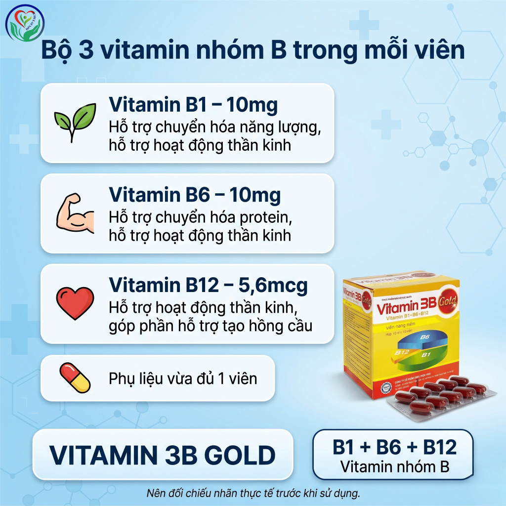 Vitamin 3B Gold Phúc Vinh hộp 100 viên, B1 B6 B12 hỗ trợ giảm tê bì tay chân do thiếu vitamin nhóm B