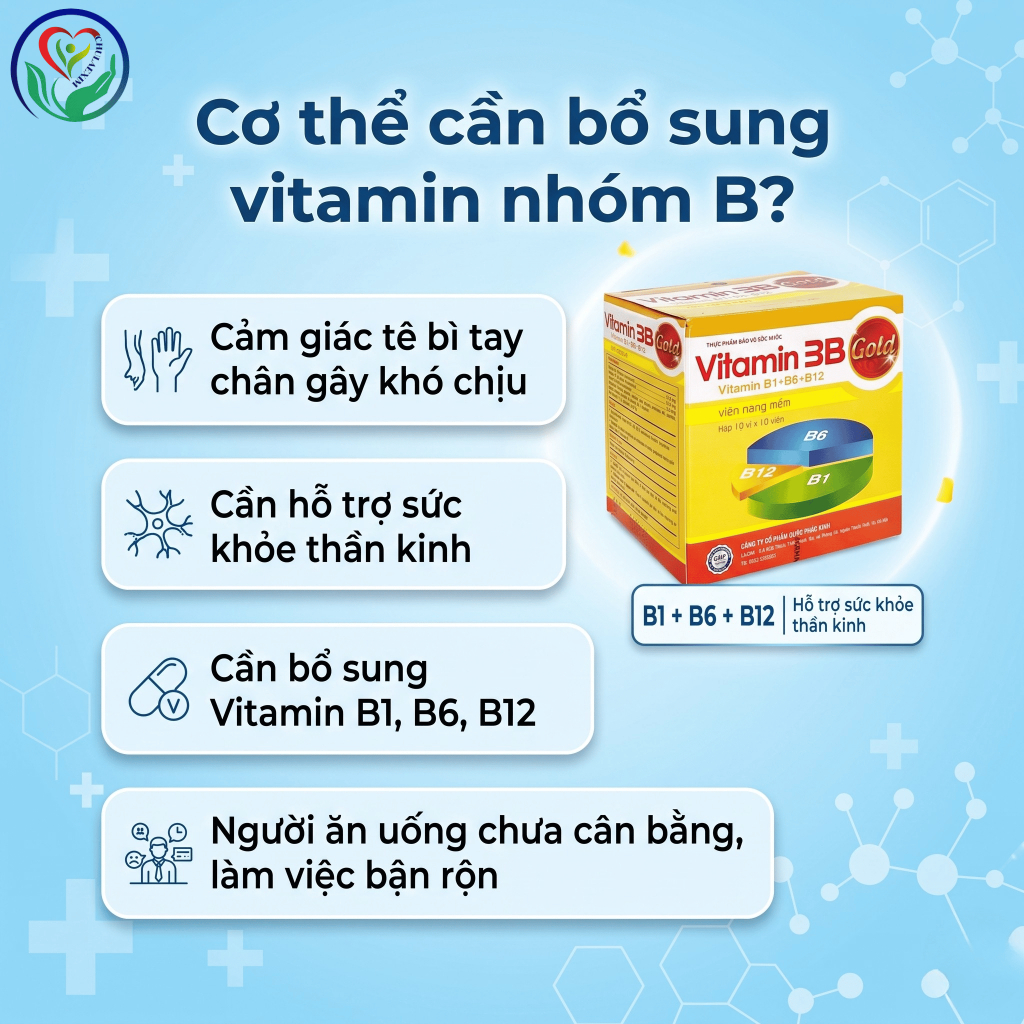 Vitamin 3B Gold Phúc Vinh hộp 100 viên, B1 B6 B12 hỗ trợ giảm tê bì tay chân do thiếu vitamin nhóm B