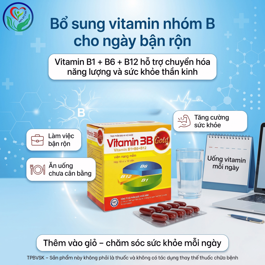 Vitamin 3B Gold Phúc Vinh hộp 100 viên, B1 B6 B12 hỗ trợ giảm tê bì tay chân do thiếu vitamin nhóm B