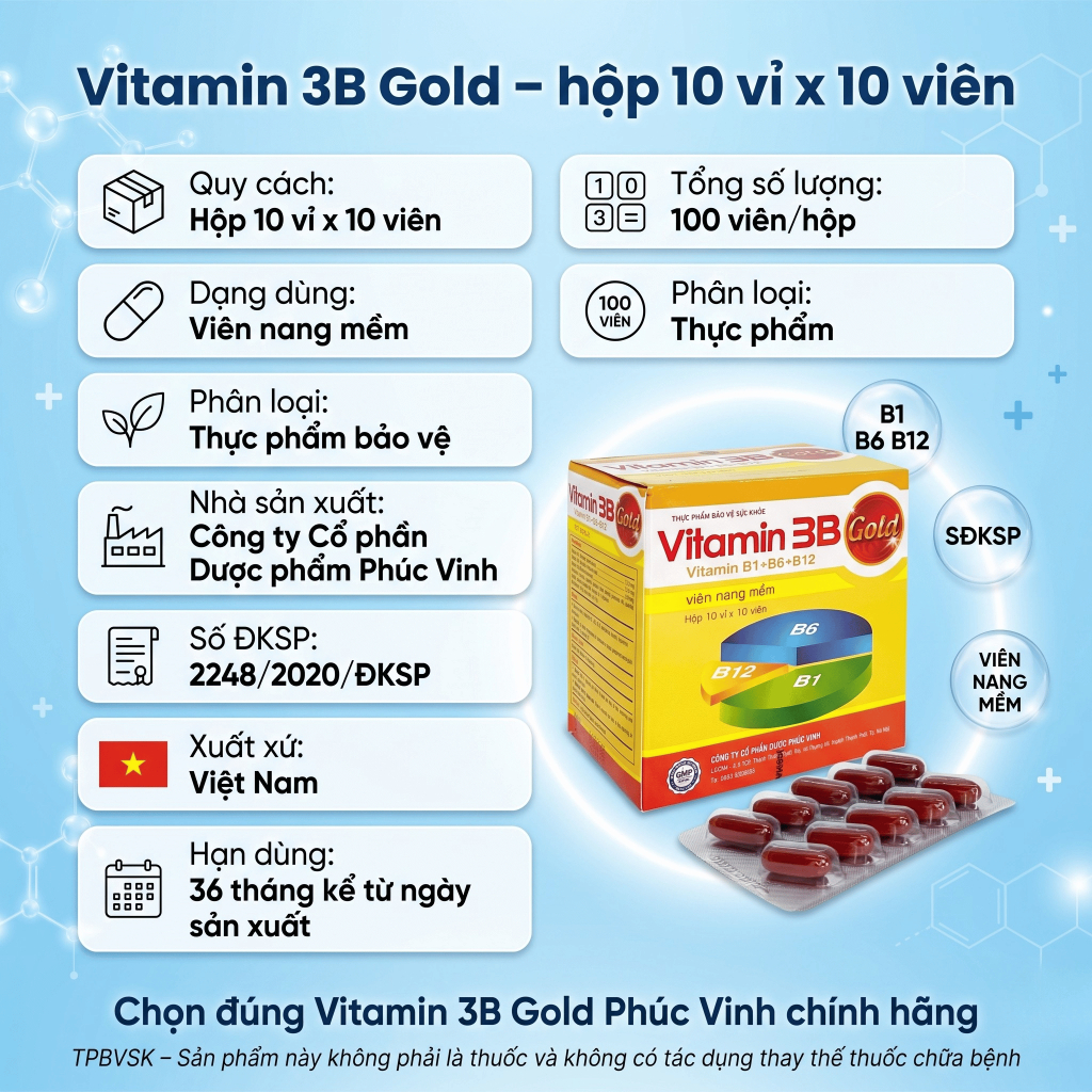 Vitamin 3B Gold Phúc Vinh hộp 100 viên, B1 B6 B12 hỗ trợ giảm tê bì tay chân do thiếu vitamin nhóm B