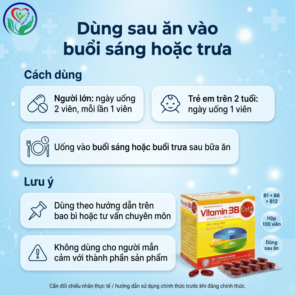 Vitamin 3B Gold Phúc Vinh hộp 100 viên, B1 B6 B12 hỗ trợ giảm tê bì tay chân do thiếu vitamin nhóm B