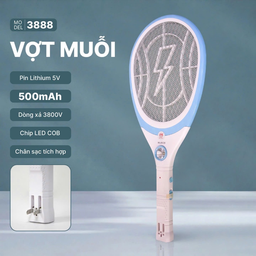 Vợt muỗi EA-ZG0002B, vợt bắt muỗi sạc điện pin 500mAh, tích hợp đèn led COB, chân sạc gấp gọn,3888