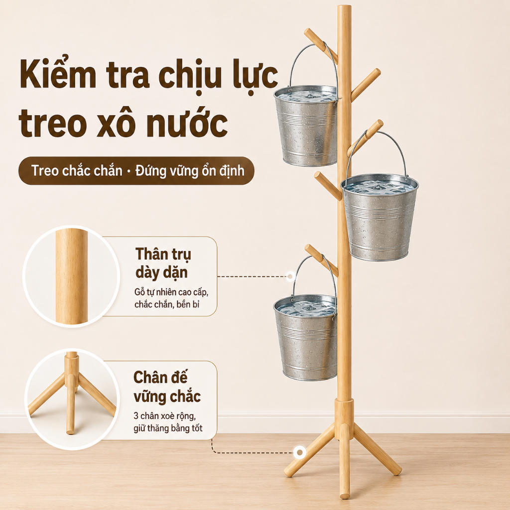 Cây treo quần áo gỗ CONOCO nhiều móc đế vững cho phòng ngủ màu nâu decor phòng ngủ