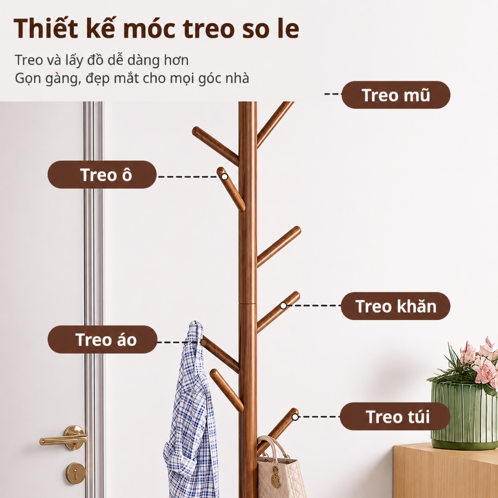Cây treo quần áo gỗ CONOCO nhiều móc đế vững cho phòng ngủ màu nâu decor phòng ngủ