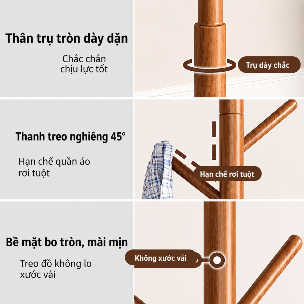 Cây treo quần áo gỗ CONOCO nhiều móc đế vững cho phòng ngủ màu nâu decor phòng ngủ
