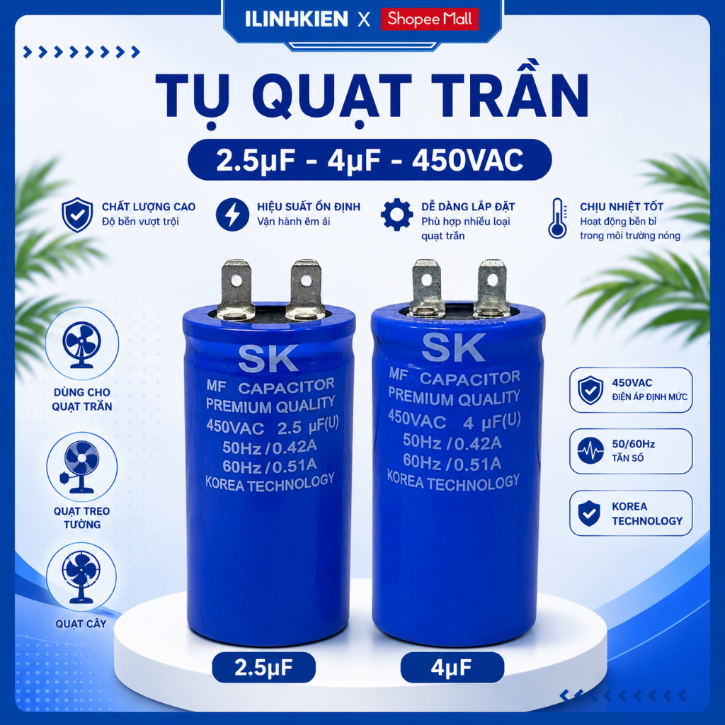Tụ dầu 2.5uF 3.5uF 4uF điện áp 350VAC tụ quạt trần chính hãng iLinhkien.