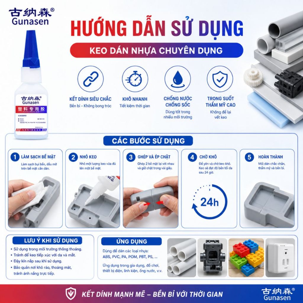 Keo dán nhựa chuyên dụng Gunasen Plastic Special Glue dán các loại nhựa đồ chơi ống nước chống nước