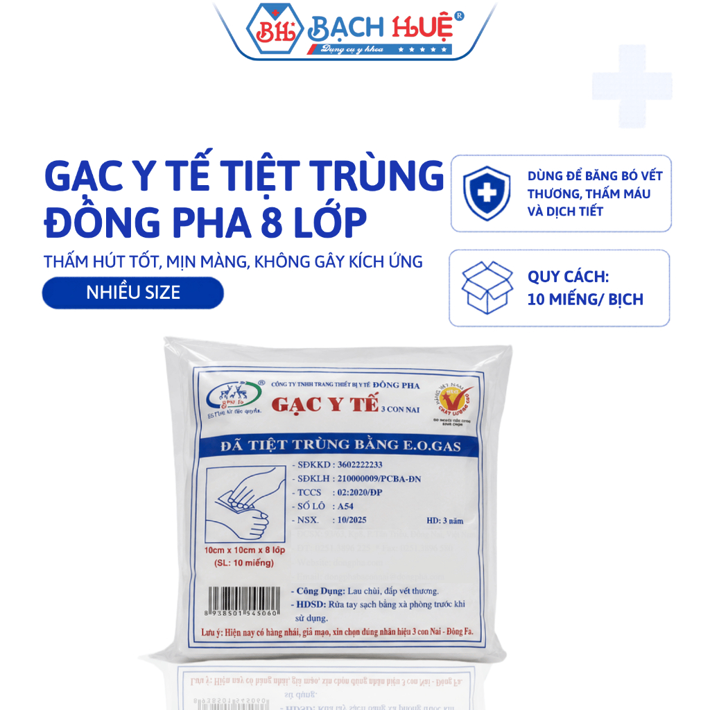 Gạc Miếng Đông Pha Tiệt Trùng 8 Lớp Đủ Size 5x6 / 8x9 / 10x10cm – Gạc Đắp Vết Thương Vô Trùng