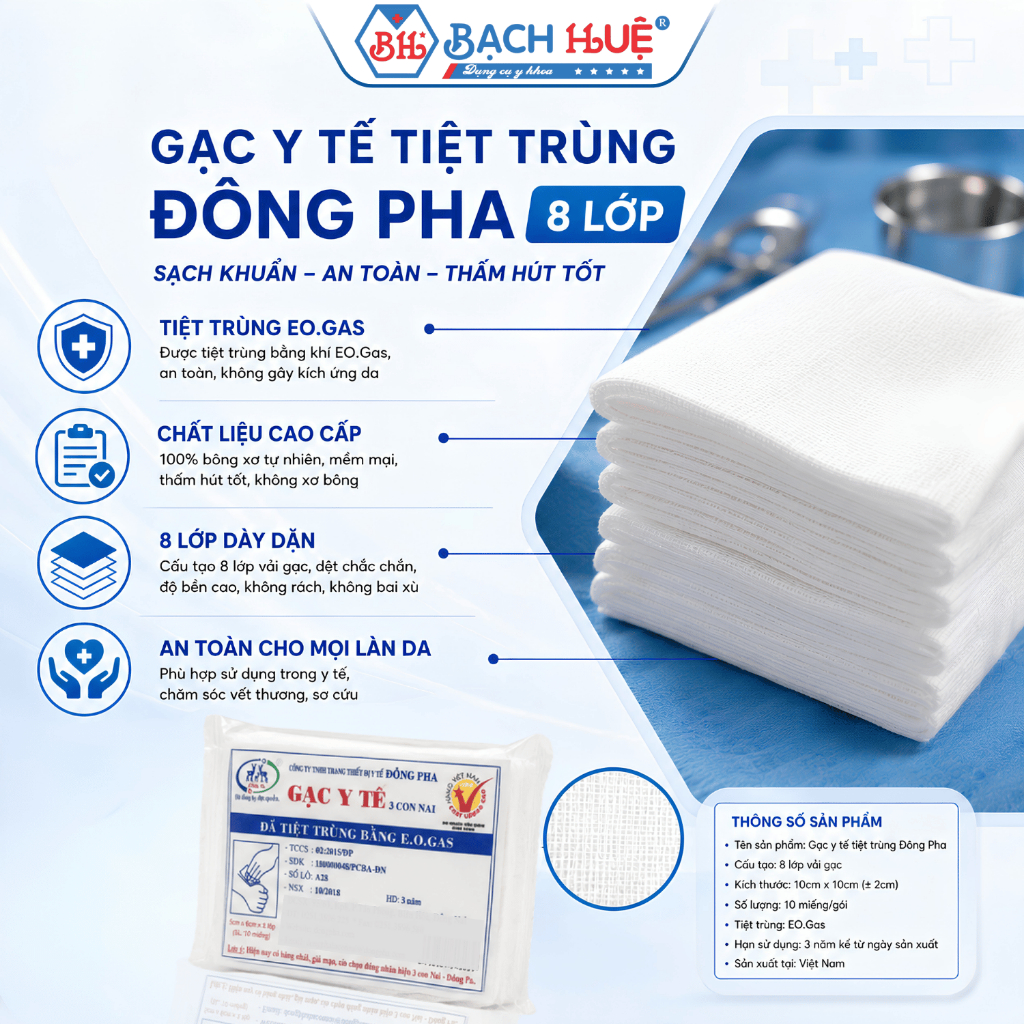 Gạc Miếng Đông Pha Tiệt Trùng 8 Lớp Đủ Size 5x6 / 8x9 / 10x10cm – Gạc Đắp Vết Thương Vô Trùng