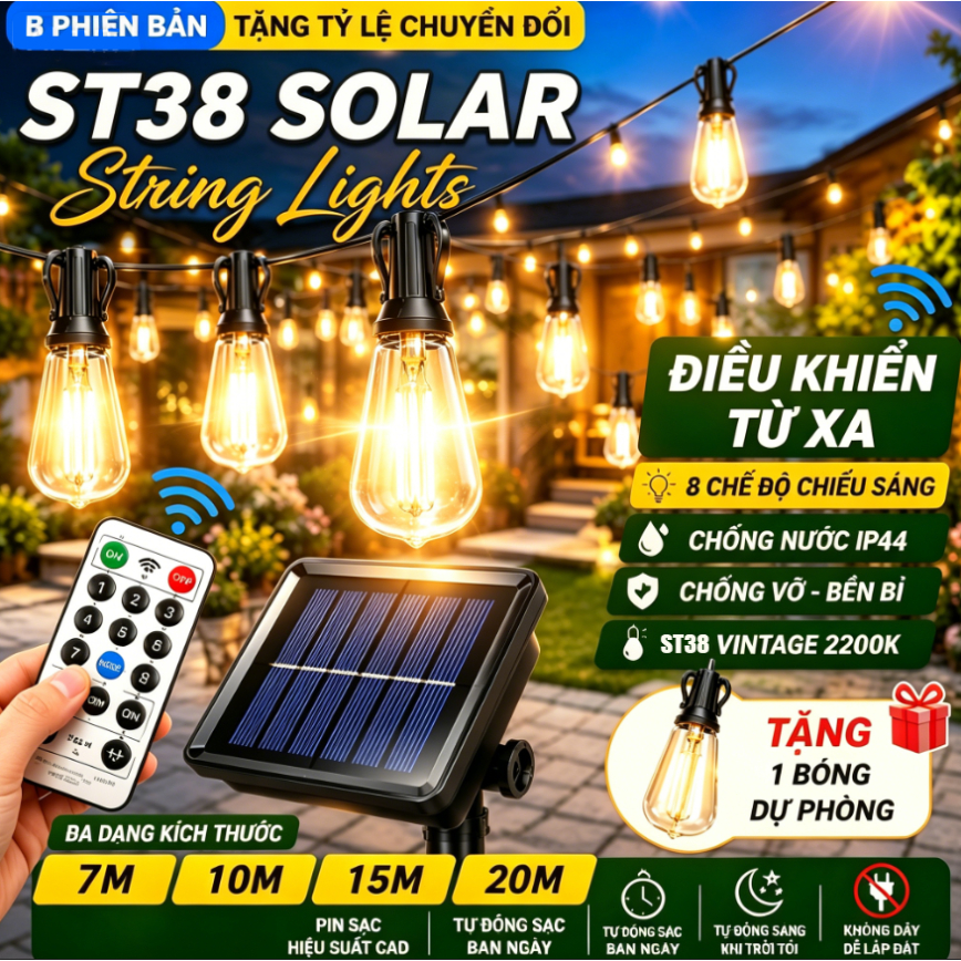 Đèn Sân Vườn Năng Lượng Mặt Trời ST38 - Đèn LED Vintage Chống Nước I Dây Đèn Giáng Đèn Trang Trí Vườn, Đèn Chùm Solar