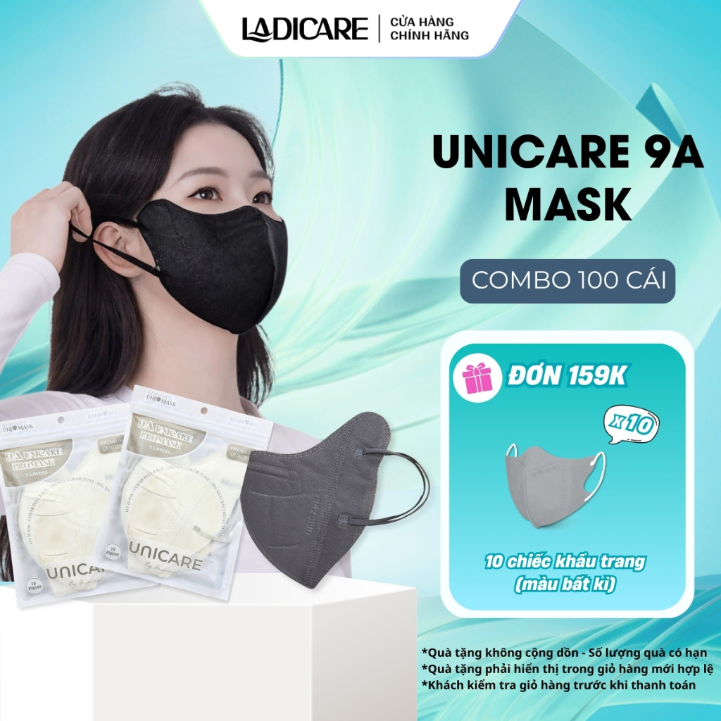 UNICARE Combo 100 cái Khẩu trang 9A UniMask chính hãng 5 lớp ôm hết mặt, siêu chống nắng ngăn khói bụi hiệu quả
