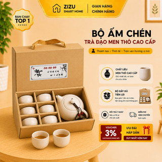 Bộ Ấm Chén Pha Trà Gốm Sứ - Men Thô Sang Trọng, 1 Ấm 6 Chén, Có Hộp Đựng