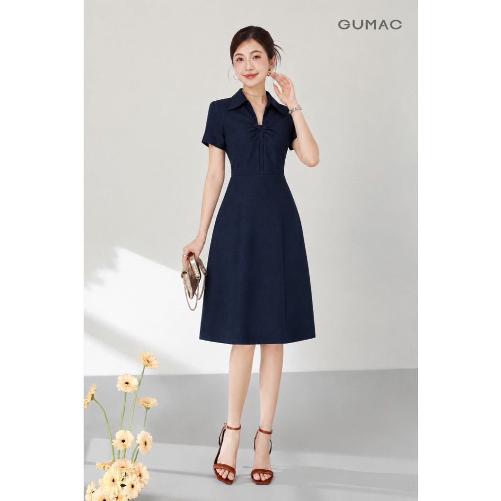 Đầm Nữ GUMAC Form A Cổ Tim Có Lá Cổ Sơ Mi Tay Ngắn Hai Lớp Có Hai Túi Sườn DF08037