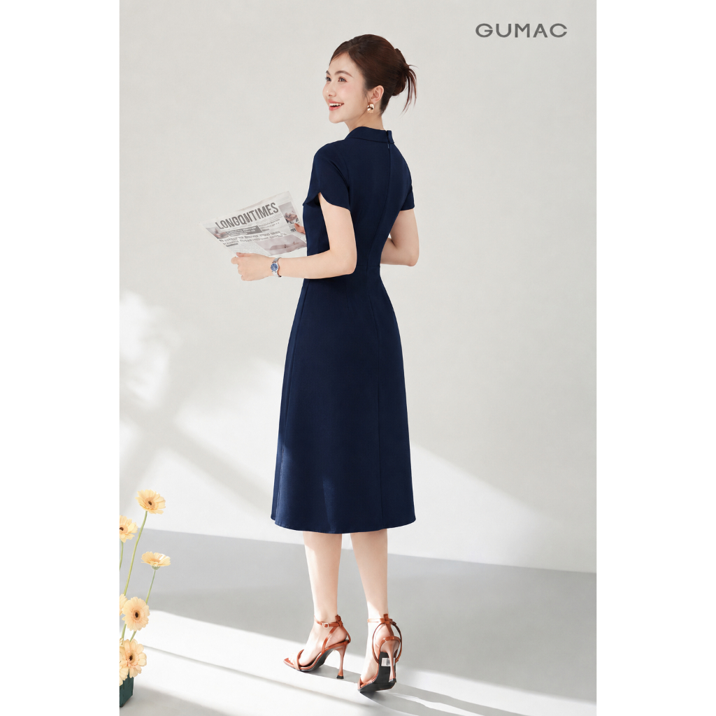 Đầm Nữ GUMAC Form A Cổ Tim Có Lá Cổ Sơ Mi Tay Ngắn Hai Lớp Có Hai Túi Sườn DF08037
