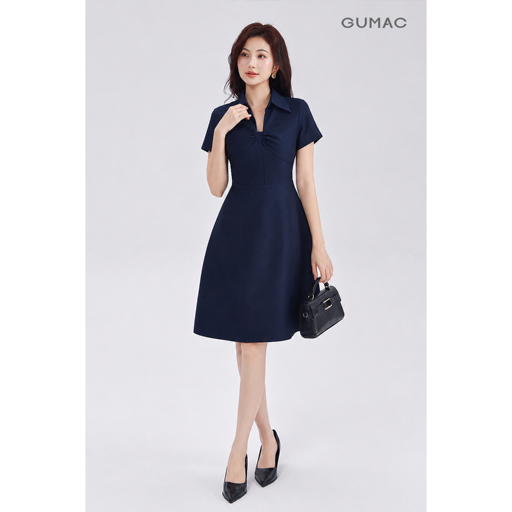 Đầm Nữ GUMAC Form A Cổ Tim Có Lá Cổ Sơ Mi Tay Ngắn Hai Lớp Có Hai Túi Sườn DF08037