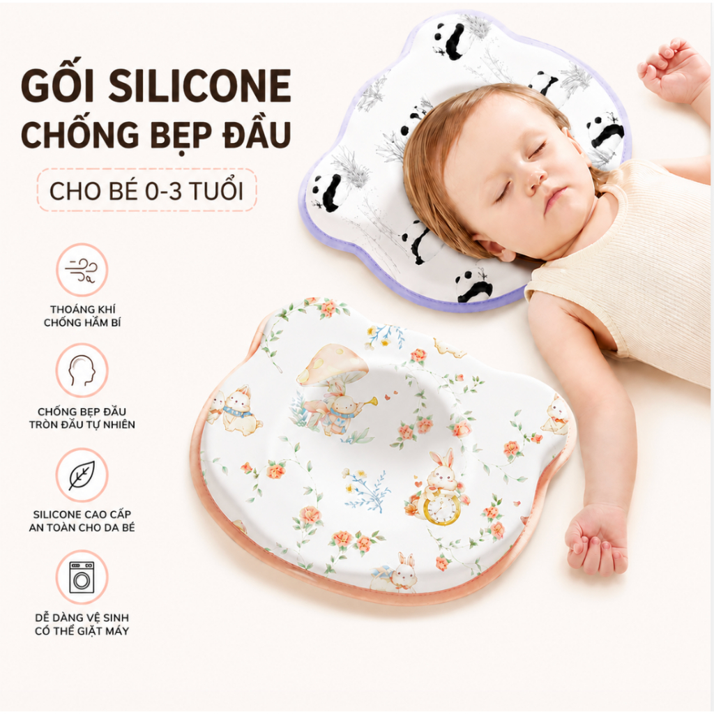 Gối silicon cho bé sơ sinh đa năng, chống bẹp đầu, định hình đầu, chất liệu êm ái, thoáng mát MB07