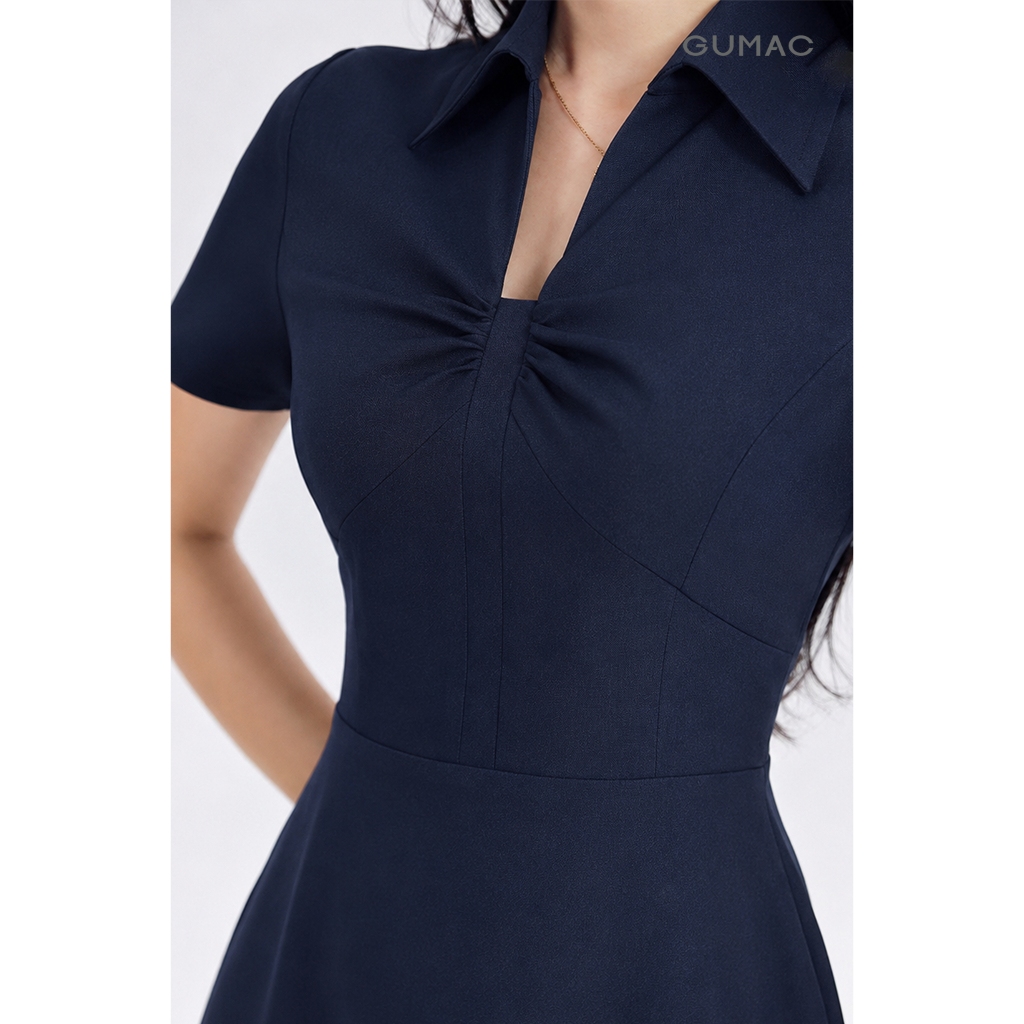 Đầm Nữ GUMAC Form A Cổ Tim Có Lá Cổ Sơ Mi Tay Ngắn Hai Lớp Có Hai Túi Sườn DF08037