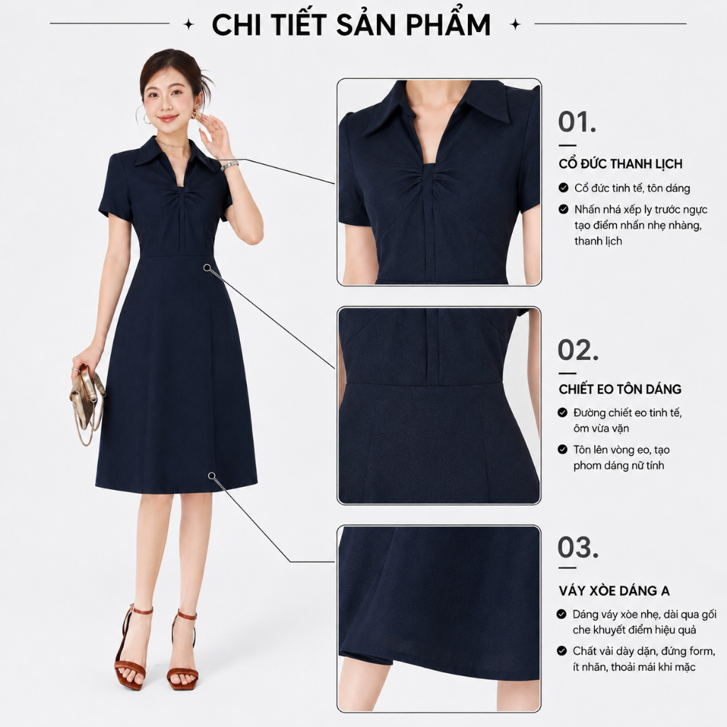Đầm Nữ GUMAC Form A Cổ Tim Có Lá Cổ Sơ Mi Tay Ngắn Hai Lớp Có Hai Túi Sườn DF08037