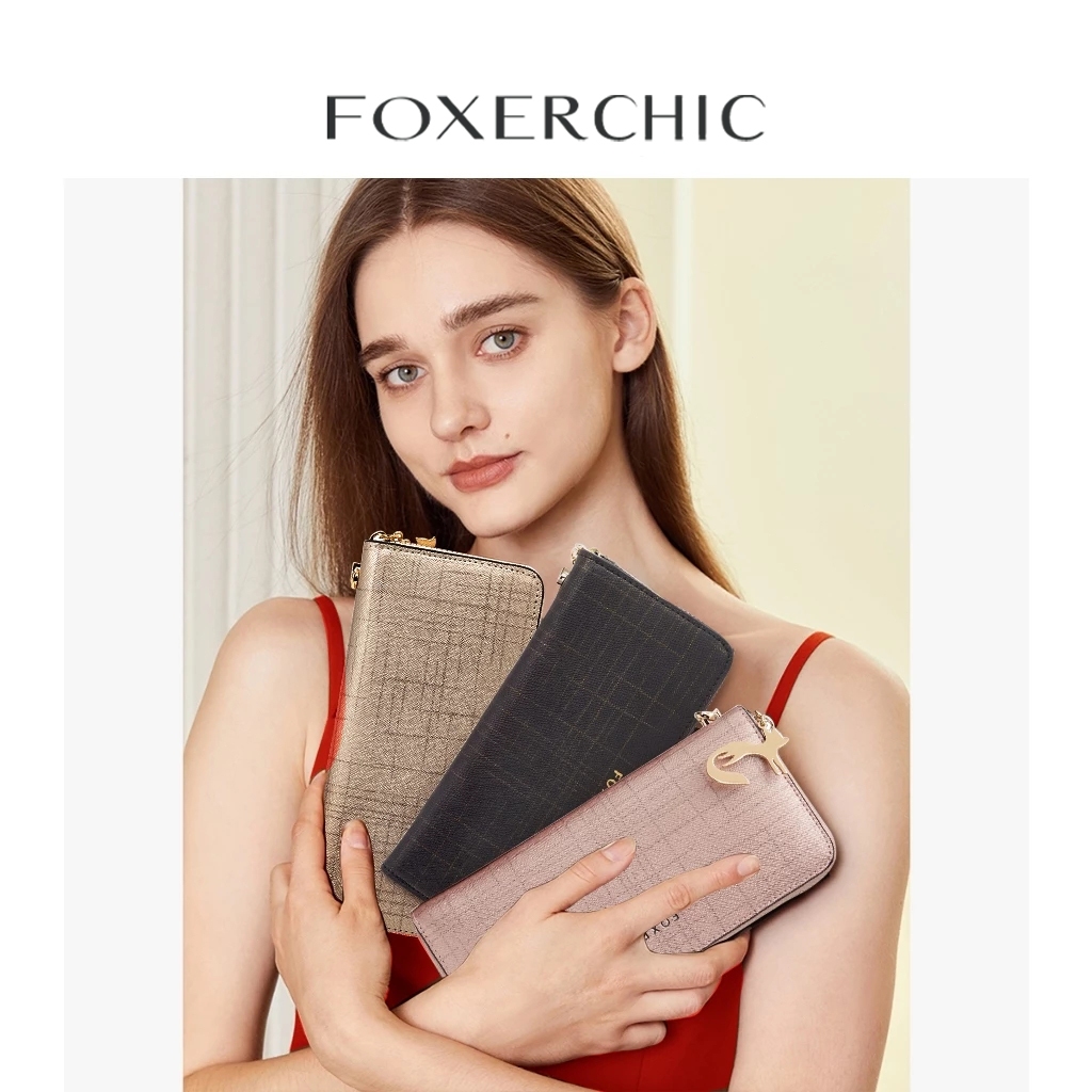 FOXERCHIC Ví nữ dài có khóa kéo, dung lượng lớn, thiết kế thời trang đơn giản đi làm