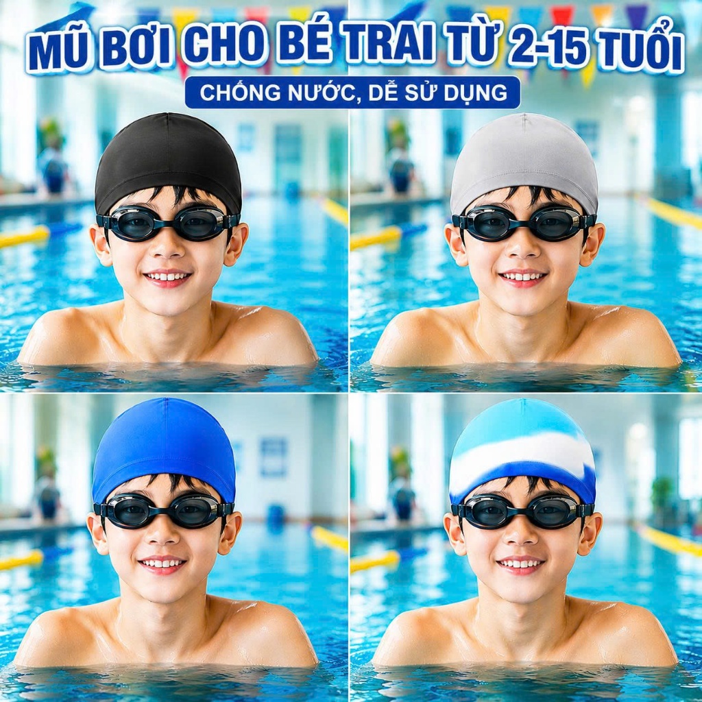 Mũ Bơi Silicon Trẻ Em 2-15 Tuổi Co Giãn Tốt Chống Nước Ôm Đầu Thoải Mái