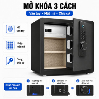Két Sắt Điện Có Ngăn Phụ Riêng Tư, Mở Khóa Vân Tay/Mật Khẩu/Chìa Khóa,  Lót Da Cao Cấp, 3 Tầng Cho Gia Đình Văn Phòng