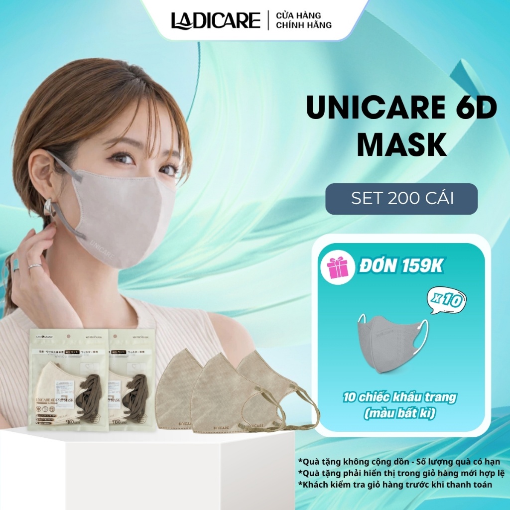 UNICARE Combo 200 Khẩu Trang 6D ProMask Thiết Kế 3 Lớp Mỏng Nhẹ, Quai Chun Êm Co Giãn Không Đau Tai, Chính Hãng