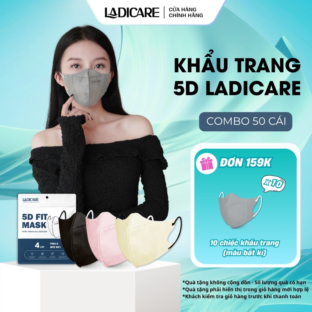 Khẩu trang 5D LADICARE [SET 50Cái]  kháng khuẩn 4 lớp cao cấp lọc bụi mịn hiệu quả, form ôm mặt