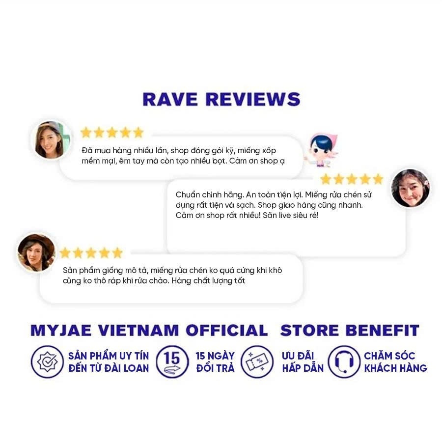 [SVIP] COMBO 3 Miếng rửa chén bột gỗ MyJae dễ dàng đánh bay dầu mỡ (3 miếng/gói)