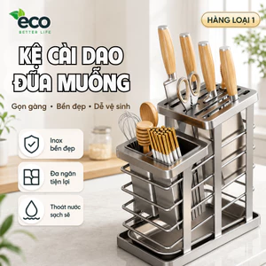 Giá Đựng Dao Thép Carbon Chống Gỉ ECO, Kệ Cài Dao Đũa Nhà Bếp Đa Năng Có Khay Hứng Nước