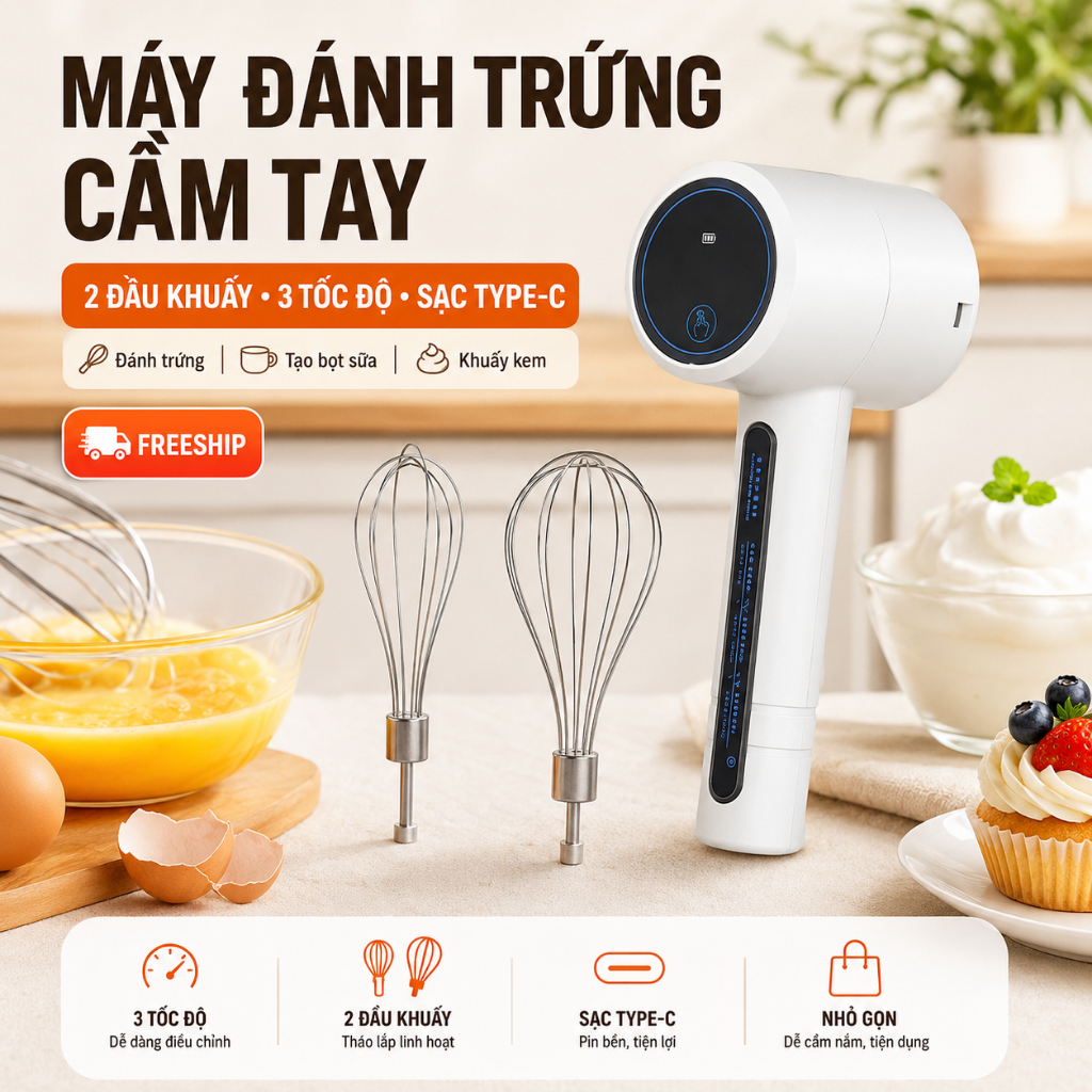 Máy Đánh Trứng Cầm Tay 2 Đầu Khuấy｜3 Tốc Độ｜Sạc Type-C｜Dùng Đánh Trứng, Tạo Bọt Sữa, Khuấy Kem