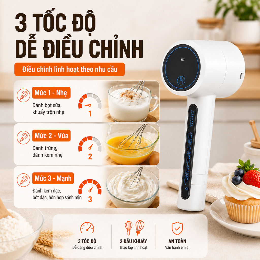 Máy Đánh Trứng Cầm Tay 2 Đầu Khuấy｜3 Tốc Độ｜Sạc Type-C｜Dùng Đánh Trứng, Tạo Bọt Sữa, Khuấy Kem