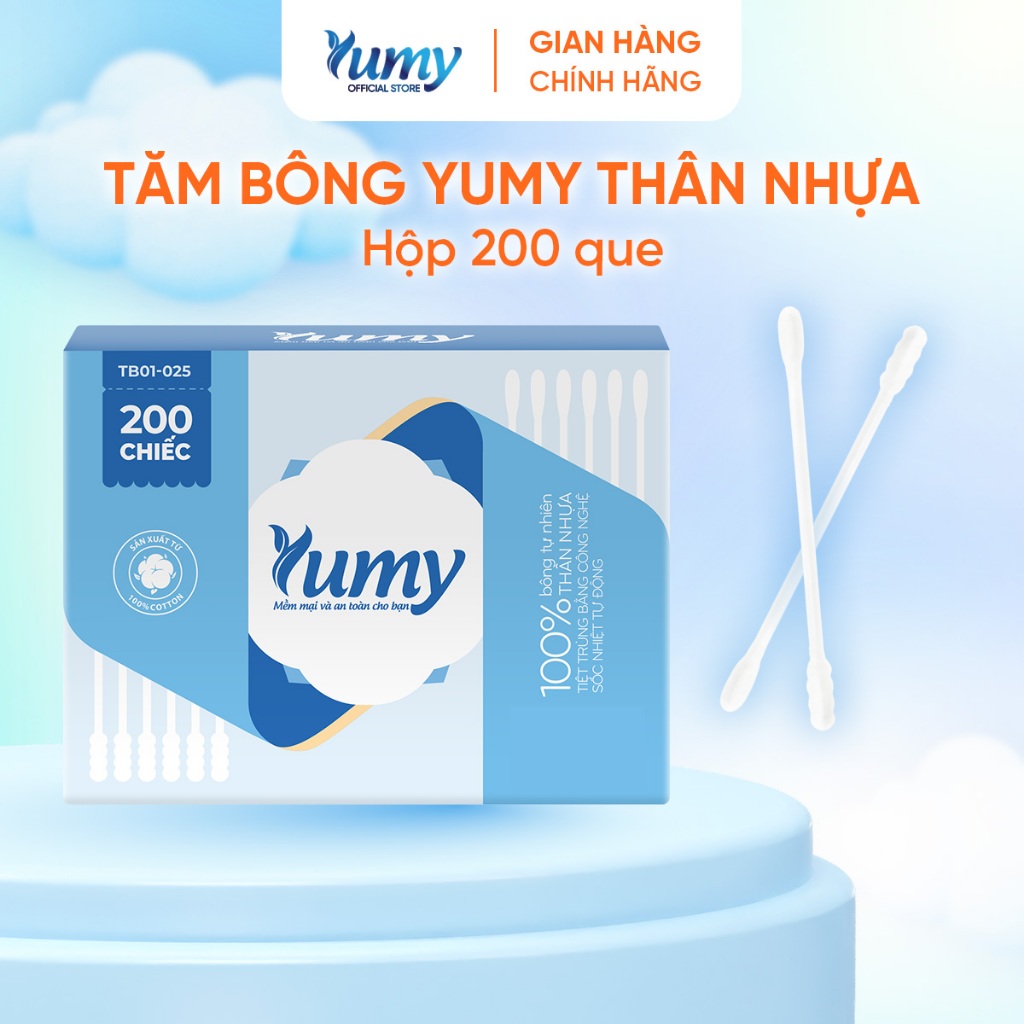 Combo 10 hộp Tăm bông thân nhựa YUMY 200 que tăm bông 2 đầu tròn - xoắn đa năng hộp giấy (TB11_025)