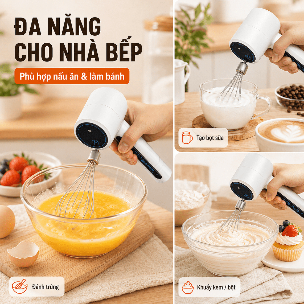 Máy Đánh Trứng Cầm Tay 2 Đầu Khuấy｜3 Tốc Độ｜Sạc Type-C｜Dùng Đánh Trứng, Tạo Bọt Sữa, Khuấy Kem