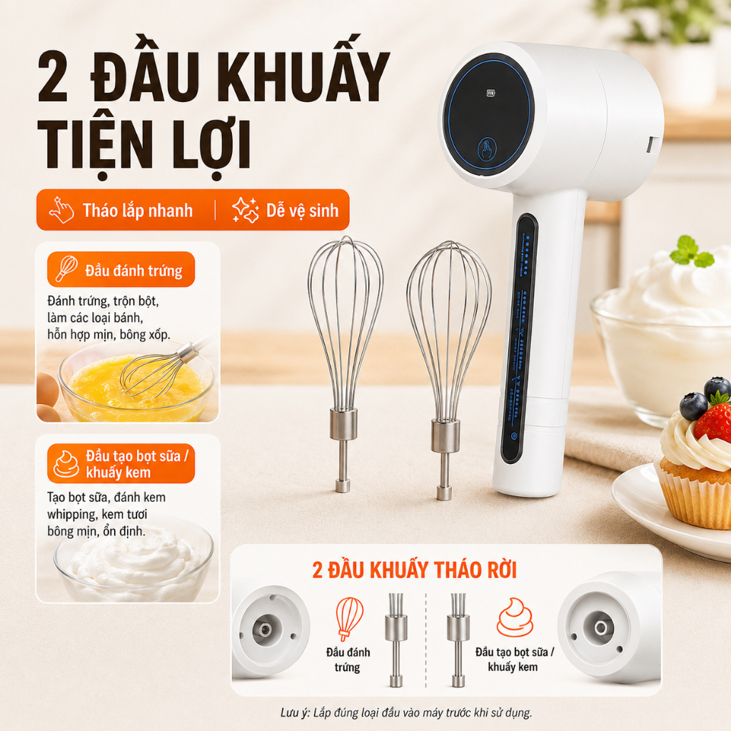 Máy Đánh Trứng Cầm Tay 2 Đầu Khuấy｜3 Tốc Độ｜Sạc Type-C｜Dùng Đánh Trứng, Tạo Bọt Sữa, Khuấy Kem