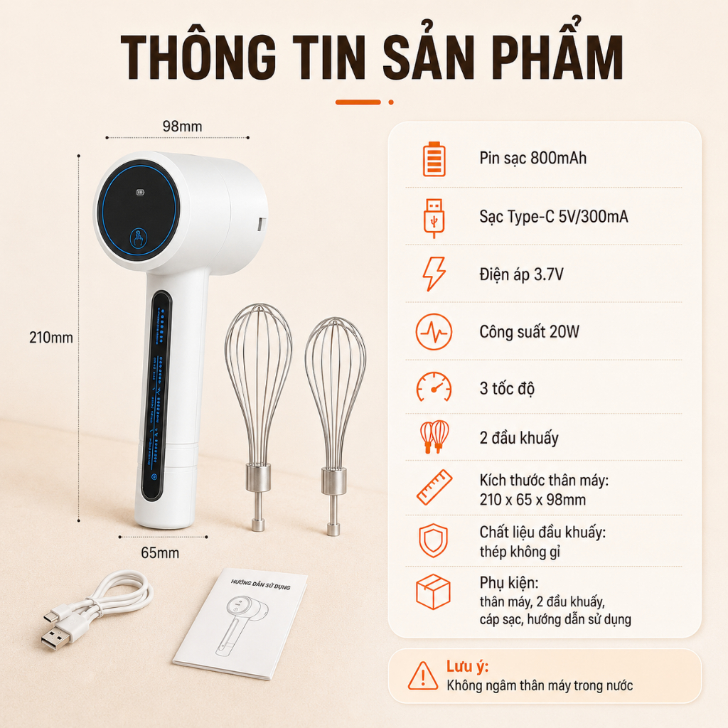 Máy Đánh Trứng Cầm Tay 2 Đầu Khuấy｜3 Tốc Độ｜Sạc Type-C｜Dùng Đánh Trứng, Tạo Bọt Sữa, Khuấy Kem